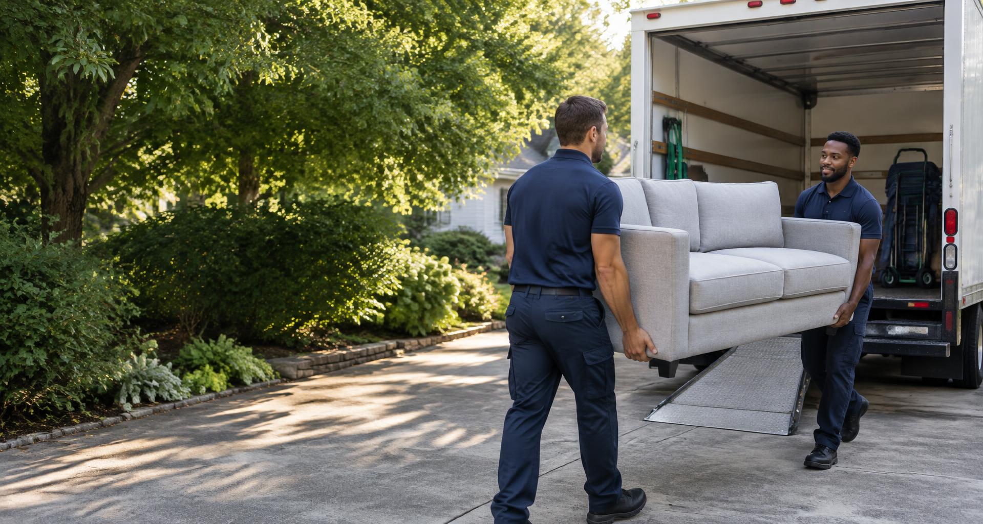 Movers carefully loading furniture into a truck, illustrative service image